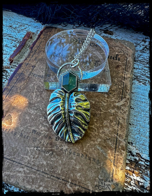 Monstera ~Hand crafted Sterling and fine silver Monstera leaf with rose cut green kyanite statement pendant necklace~