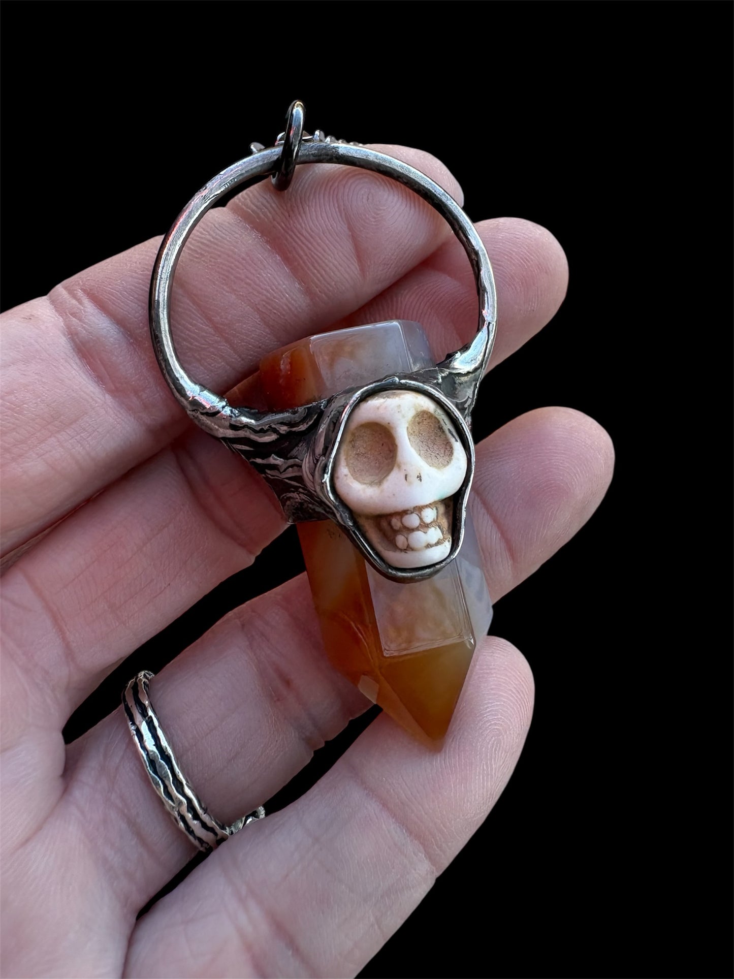 Bone Daddy~ handcrafted, Tiffany technique obsidian crystal and Howlite skull Talisman necklace ~