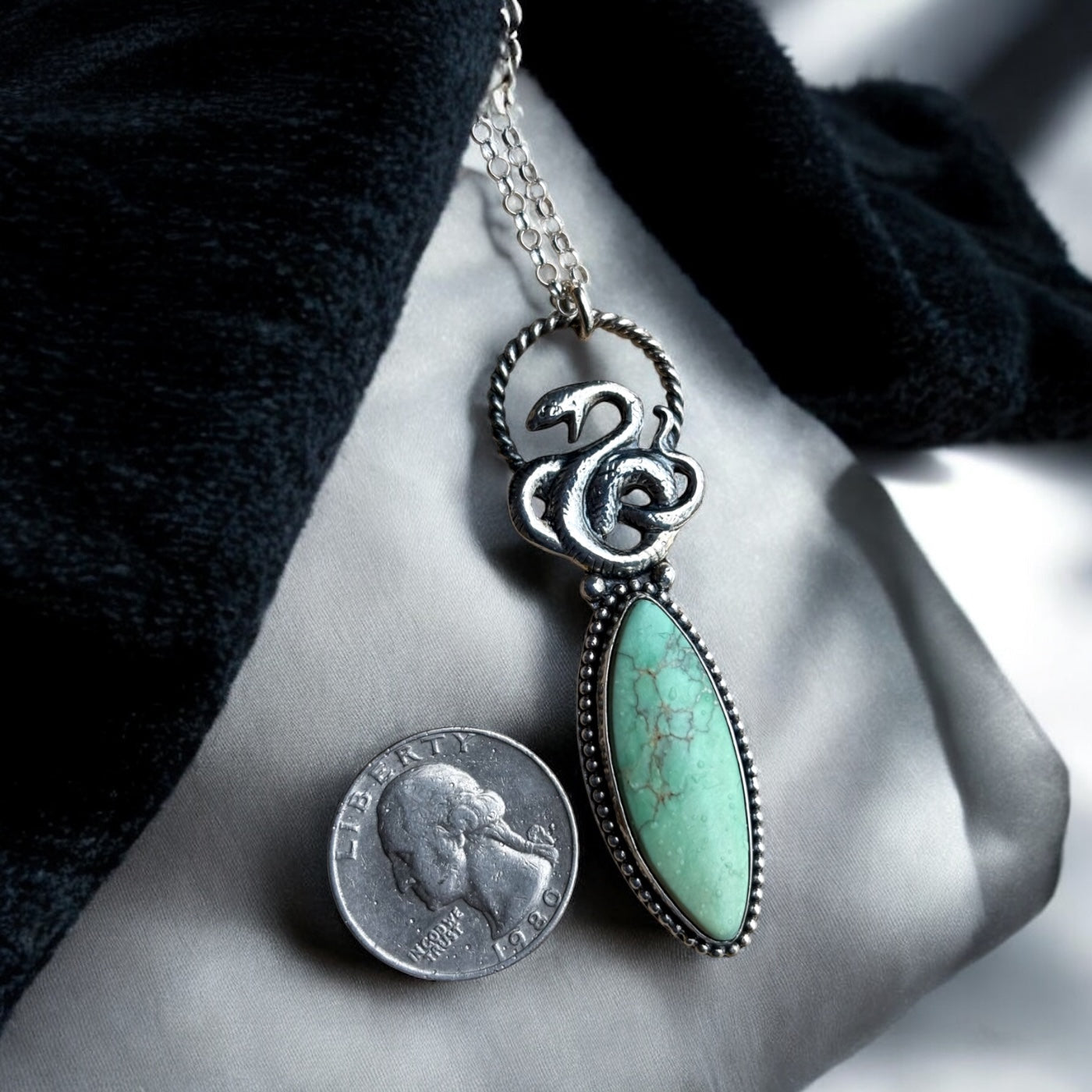 The Serpent’s Guardian | Handcrafted Sterling Silver & Green Variscite Turquoise Pendant