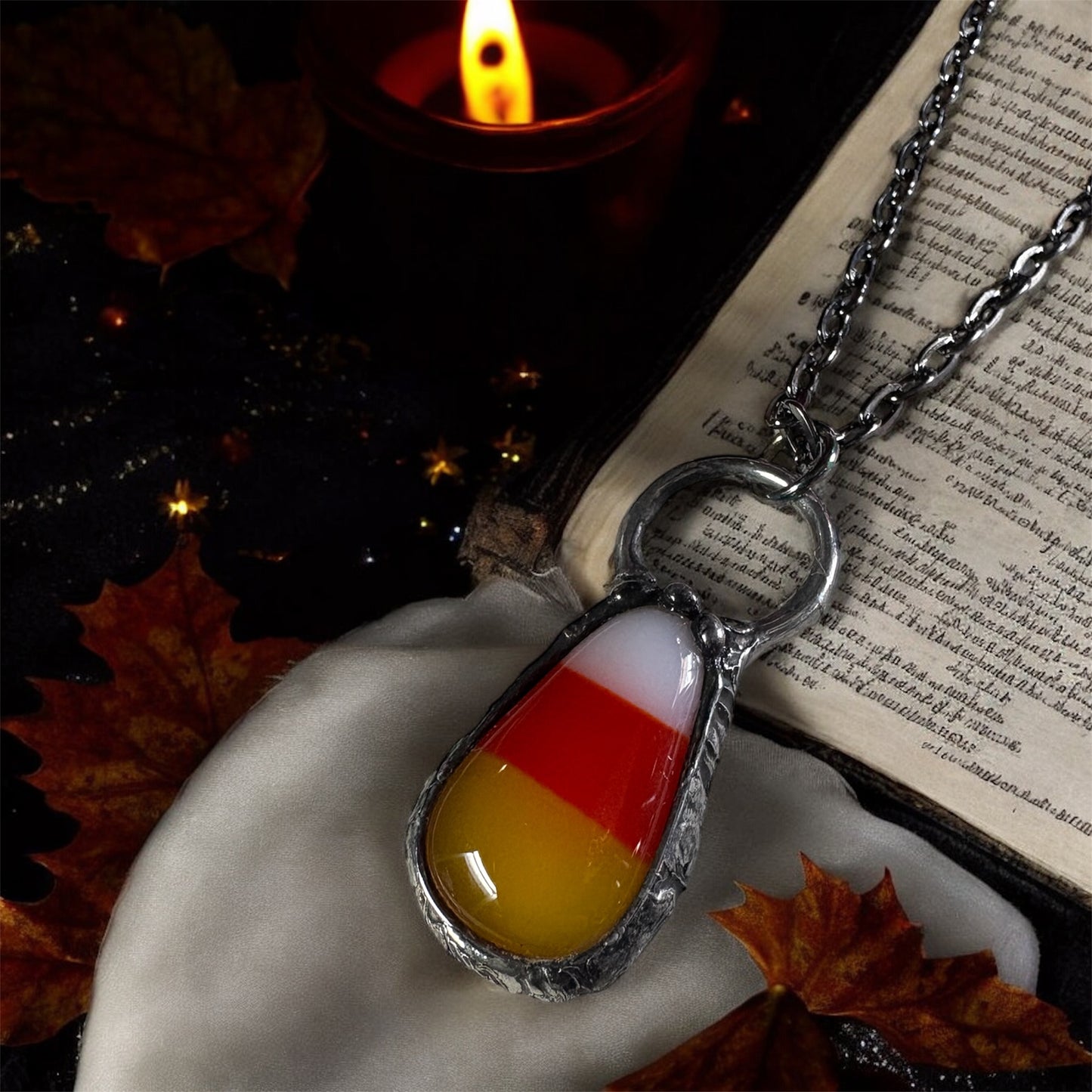 Trick or treat-Candy Corn Glass Talisman Necklace — Tiffany Technique Artisan Pendant