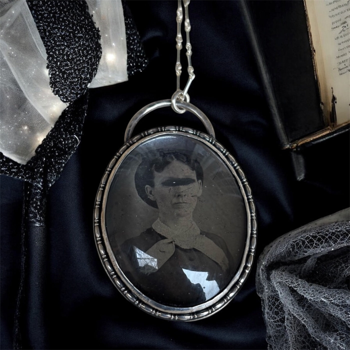 Veil Between~Victorian Tintype Mourning handcrafted sterling silver Necklace~