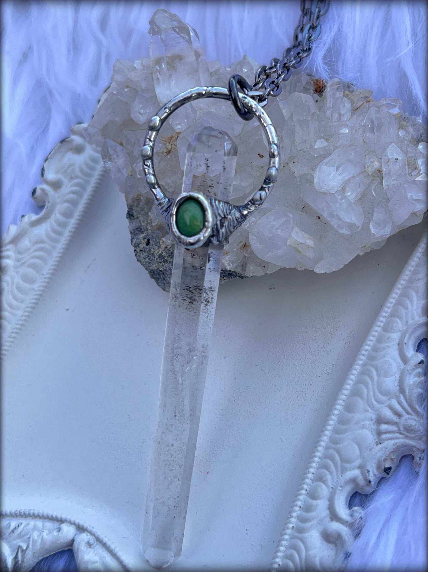 Mefkat~Hand crafted clear quartz wand with turquoise Tiffany technique crystal Talisman necklac