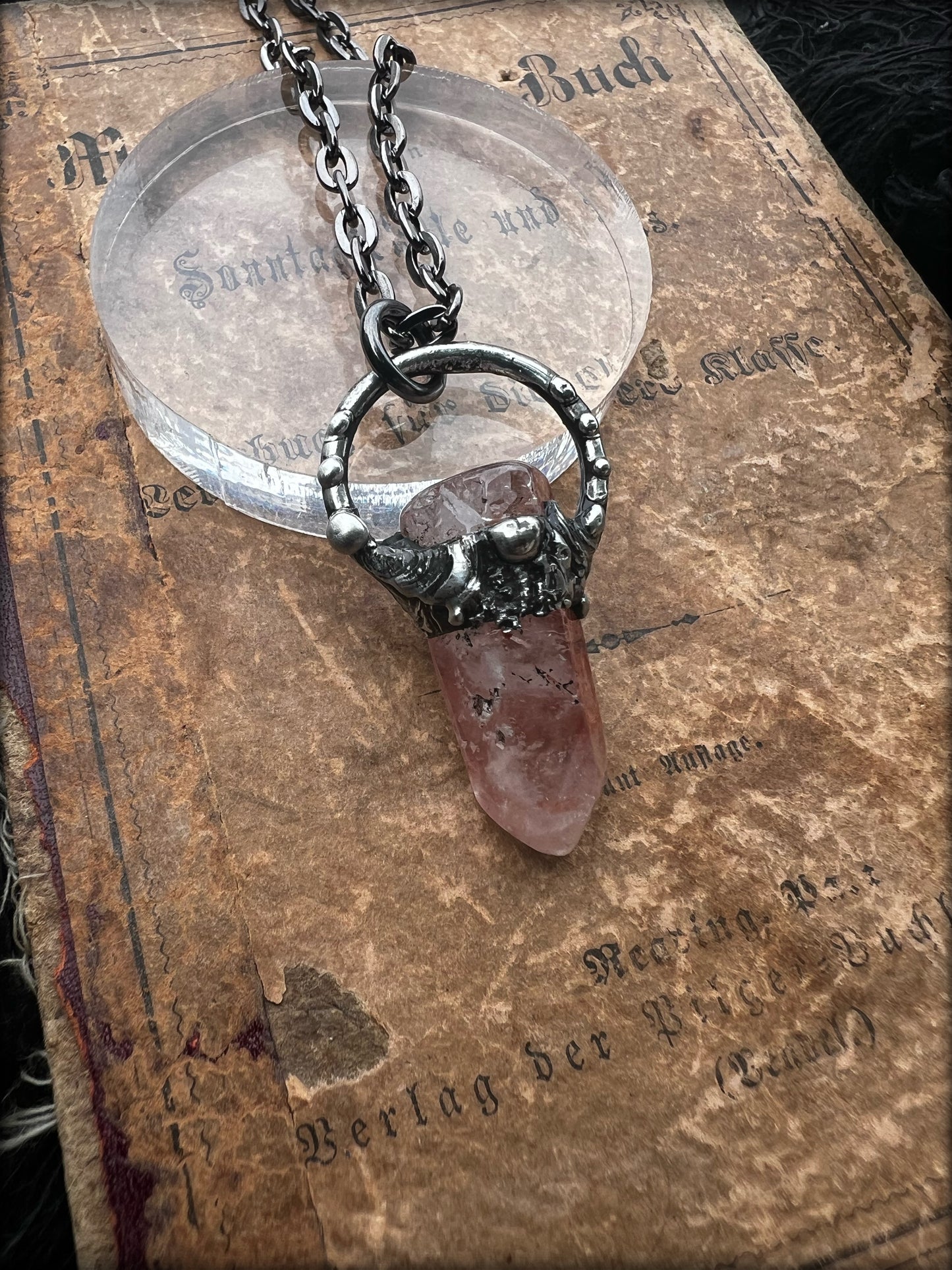Red hematite included quartz  brutalist style Tiffany Technique crystal stacker necklace ~