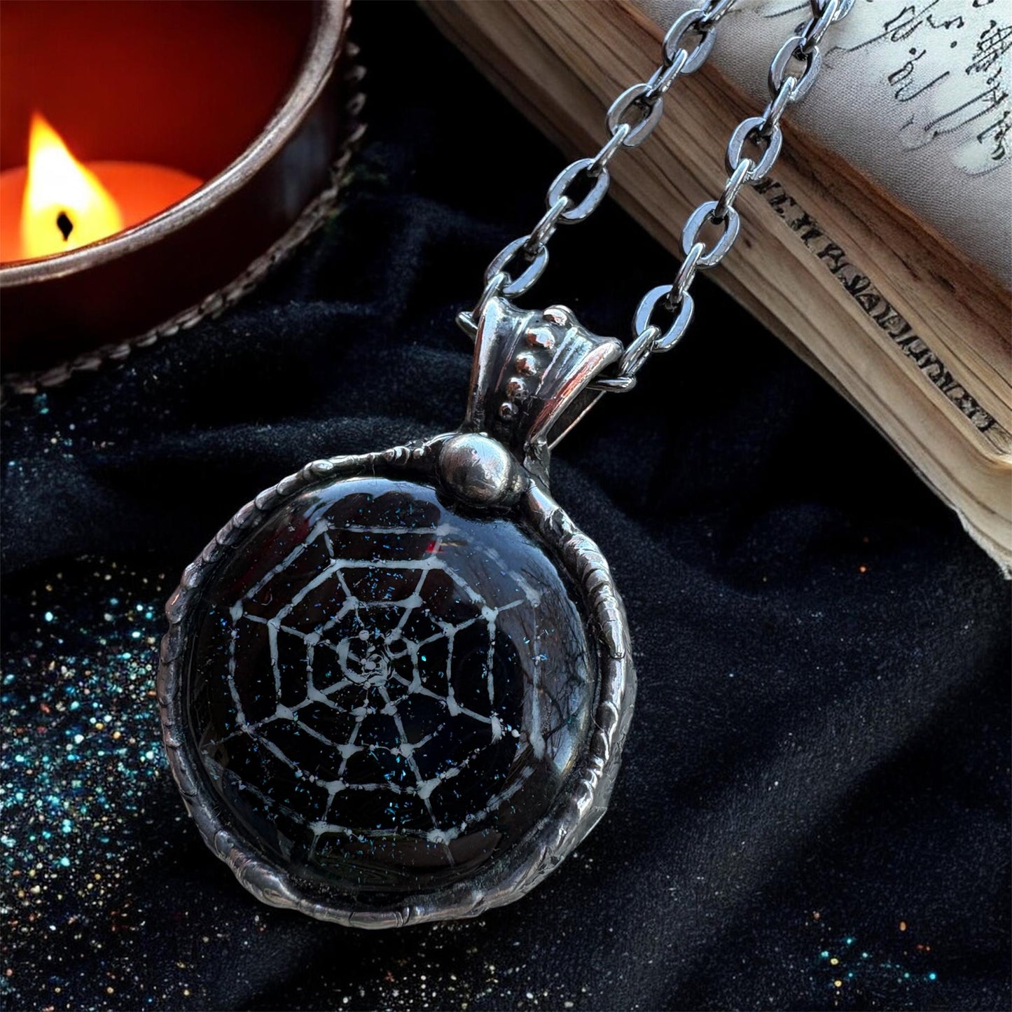 Handcrafted Tiffany technique Dichroic glass fused spiderweb necklace~