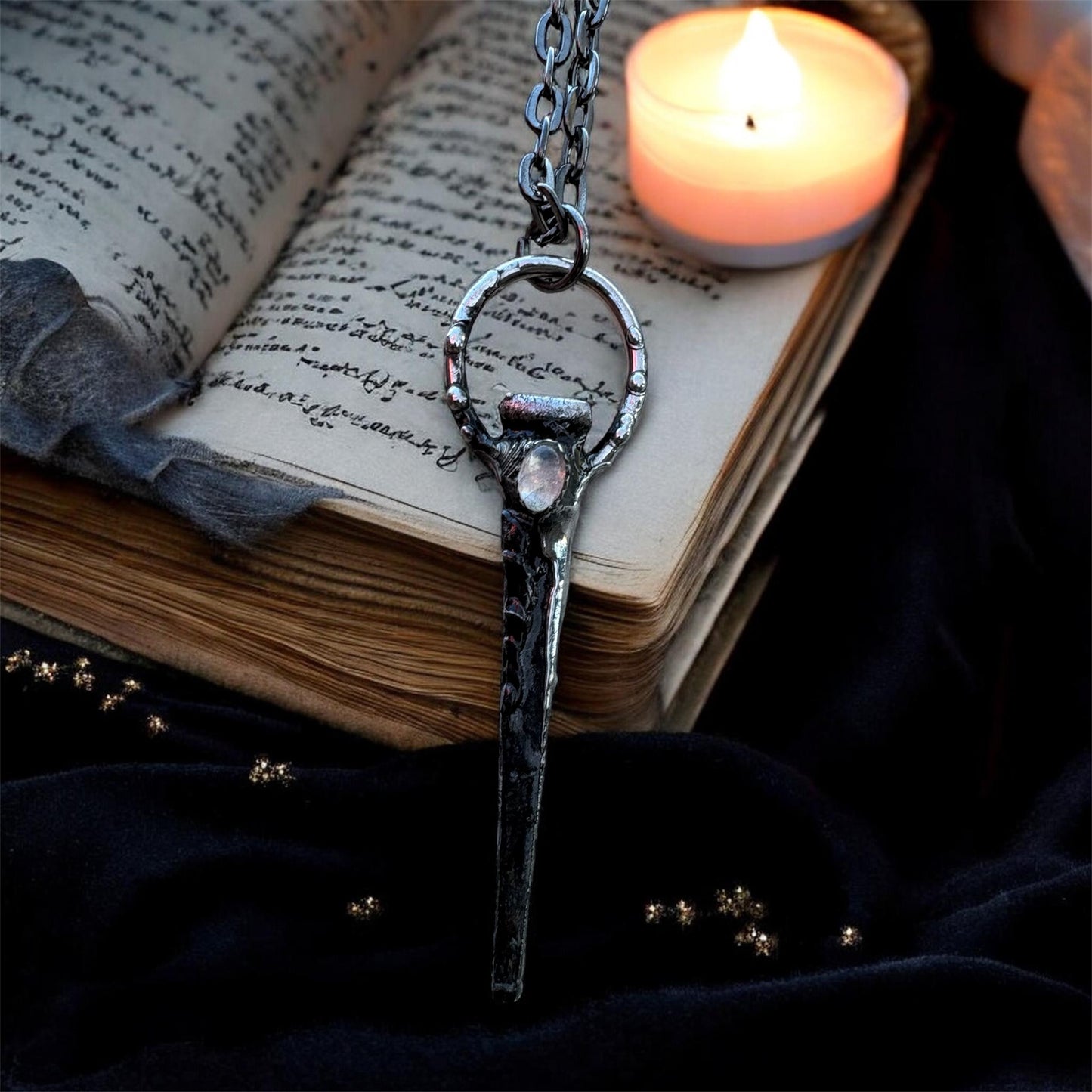 Hand crafted antique coffin nail Tiffany technique necklace with rainbow moonstone~