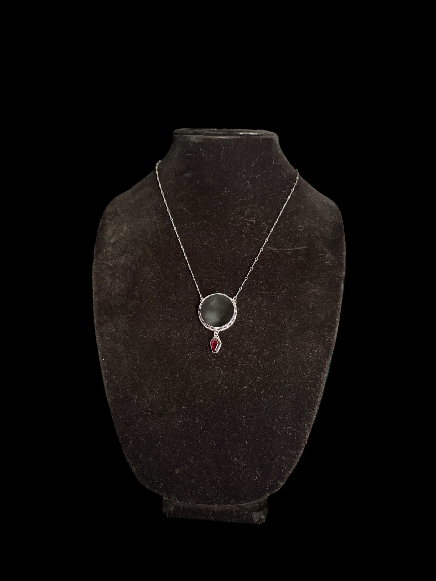 The Obsidian Veil-obsidian scrying mirror with coffin cut garnet Sterling silver necklace-