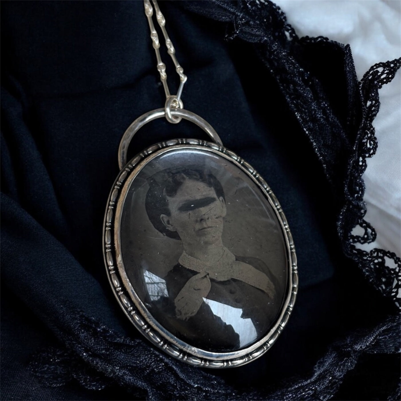 Veil Between~Victorian Tintype Mourning handcrafted sterling silver Necklace~