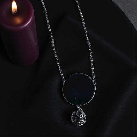 Midnight Flame Diviner -obsidian scrying mirror with garnet in flame bezel setting Sterling silver necklace-
