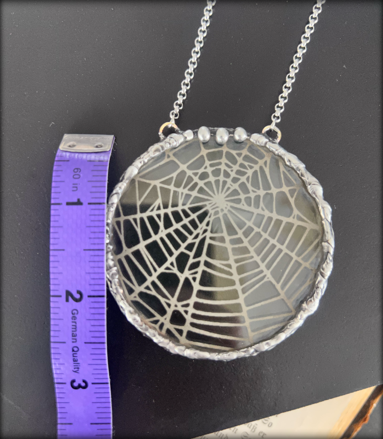 Handcrafted, Tiffany technique, uranium glass, spiderweb, etched statement necklace~
