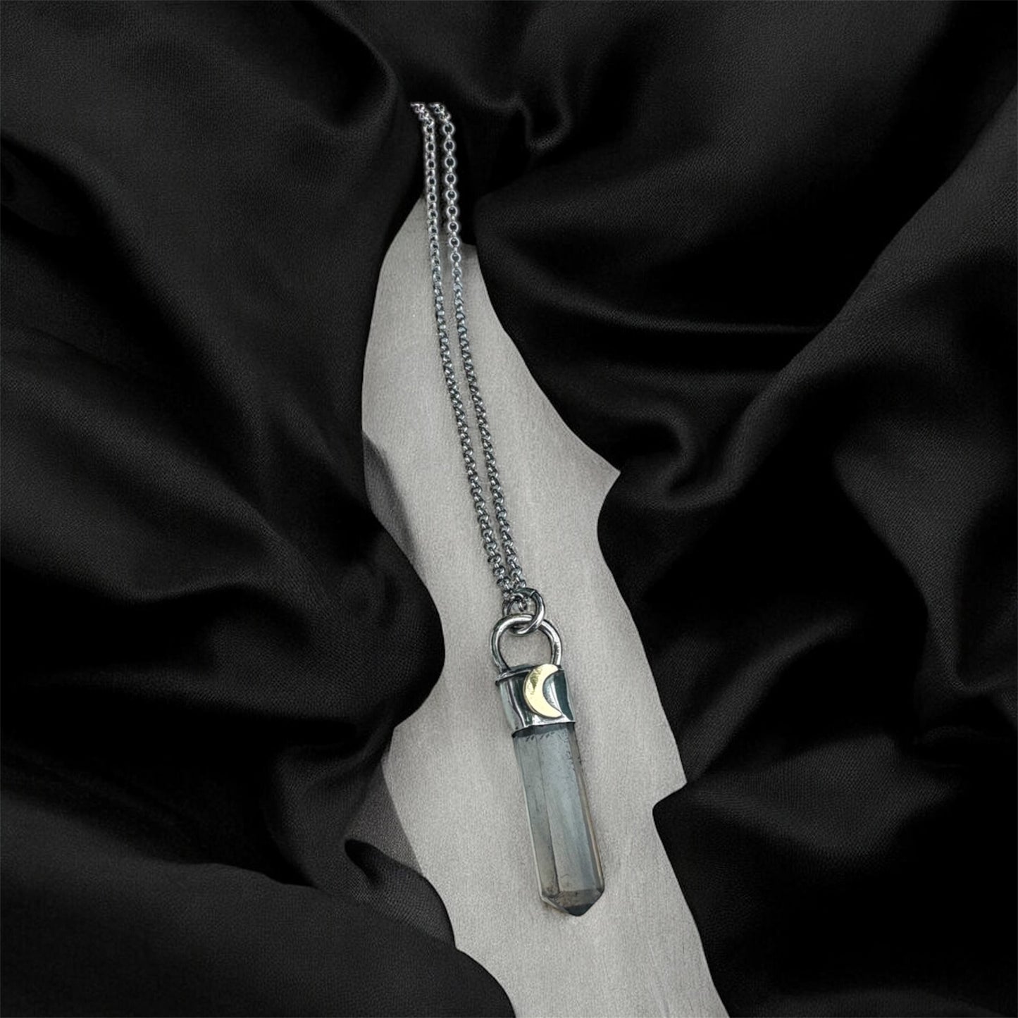 Moon in Shadow~hand crafted sterling in fine silver smoky quartz crystal copper crescent moon layering crystal necklace~