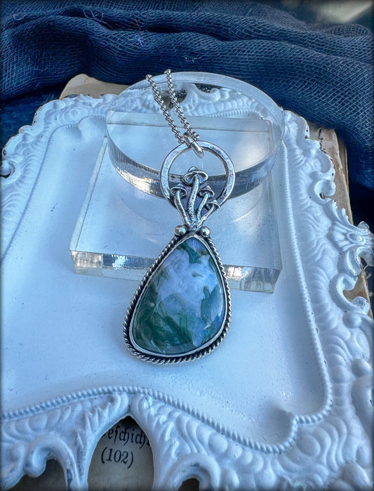 Shrooming~Sterling silver mushroom & rose cut moss agate layering pendant necklace~