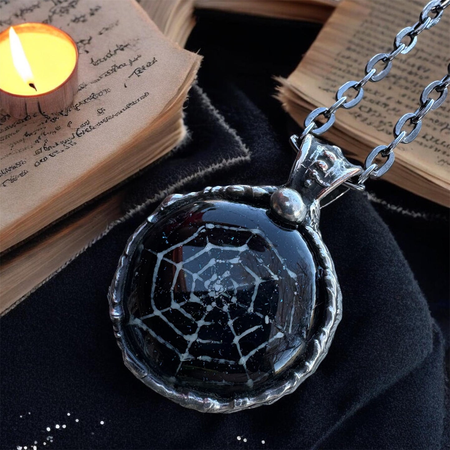 Handcrafted Tiffany technique Dichroic glass fused spiderweb necklace~