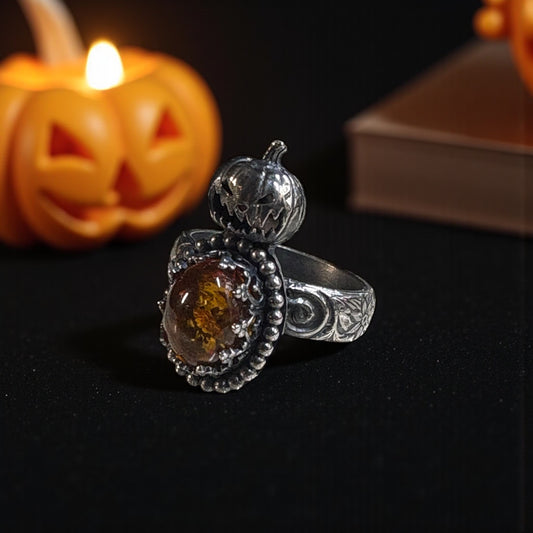 The Harvest Keeper ring-sterling and fine silver & Baltic, Amber ring size 8~