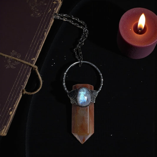 Moonlit Ember-
Handcrafted red carnelian and faceted rainbow moonstone Tiffany technique Crystal Tasman necklace-