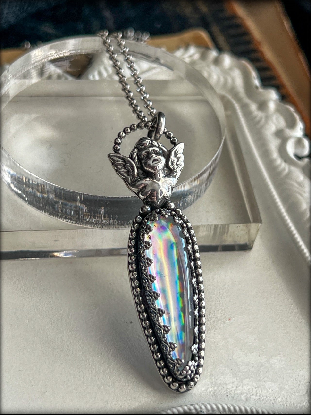 ￼ seraphim ~Hand crafted Sterling silver rainbow quartz cherub layering necklace~