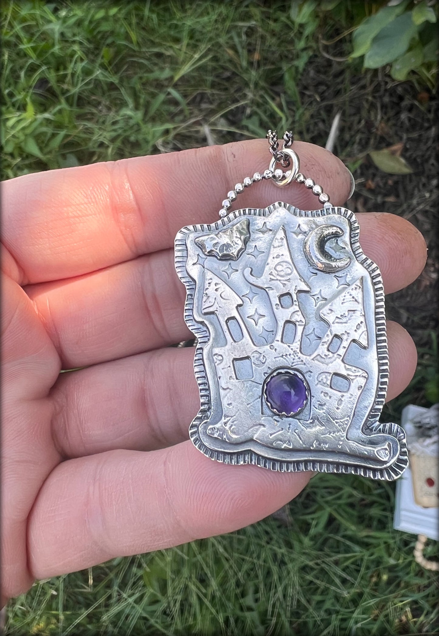 Haunted House~Hand crafted Sterling silver haunted house with amethyst necklace~