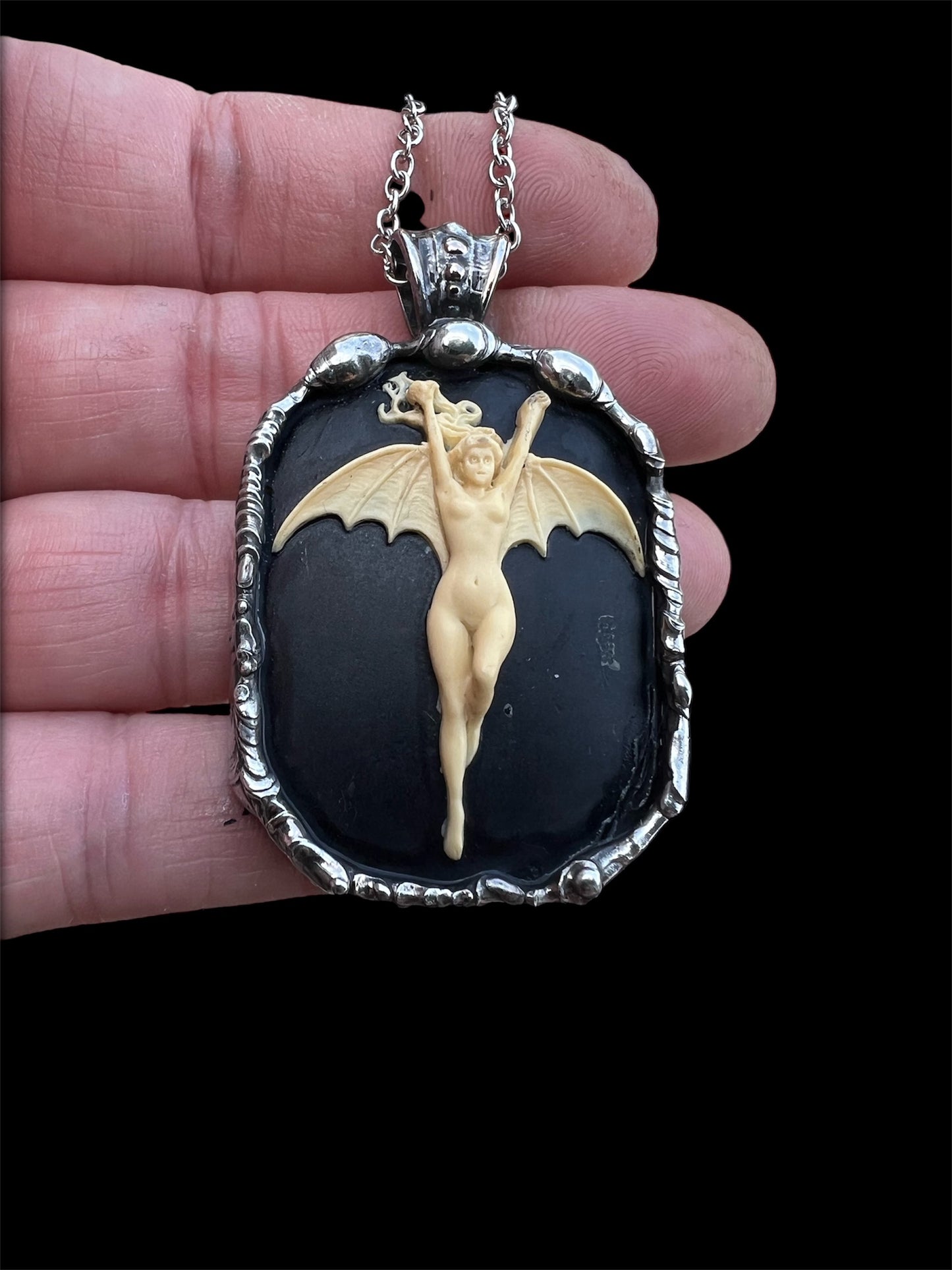 La Femme Chauve-Souris (Noir)~resin bat woman hand craftedTiffany technique necklace~