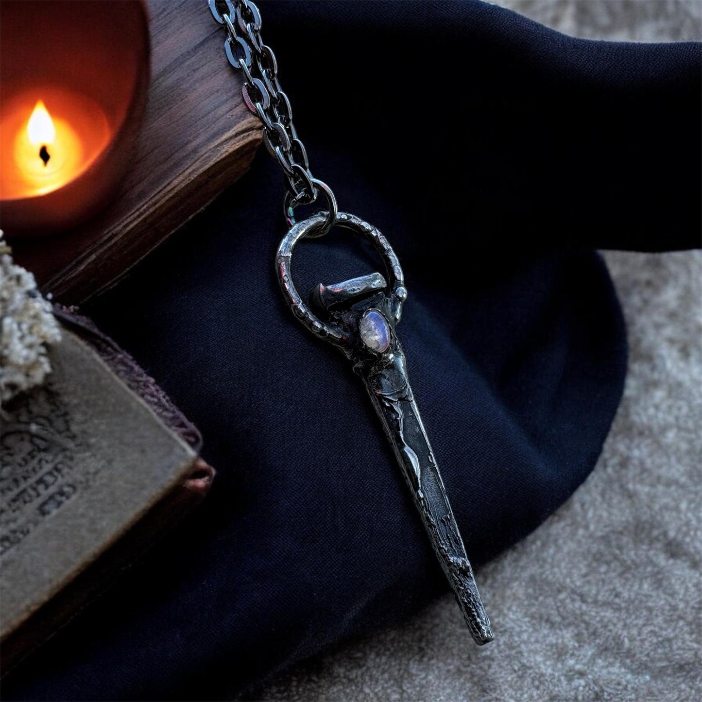 Hand crafted antique coffin nail Tiffany technique necklace with rainbow moonstone~