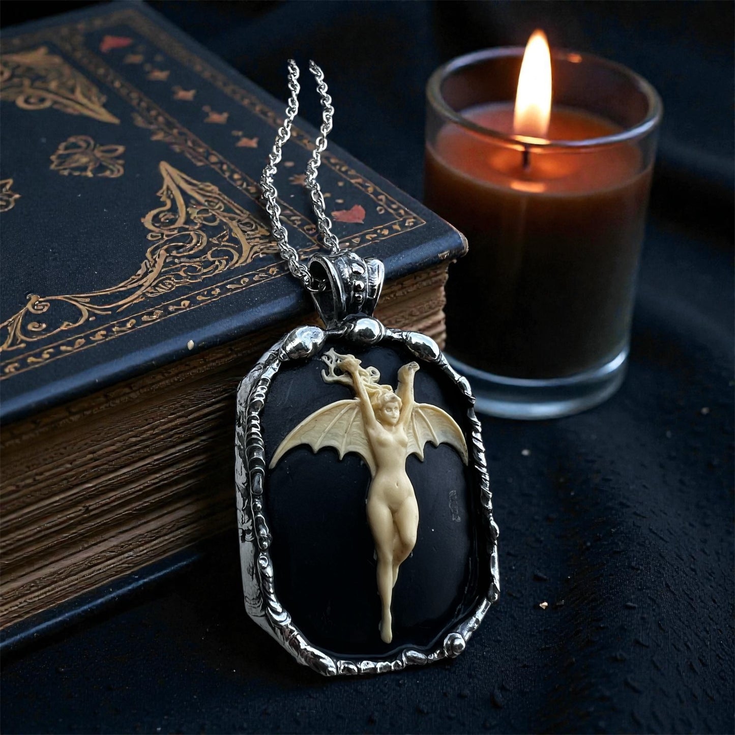 La Femme Chauve-Souris (Noir)~resin bat woman hand craftedTiffany technique necklace~