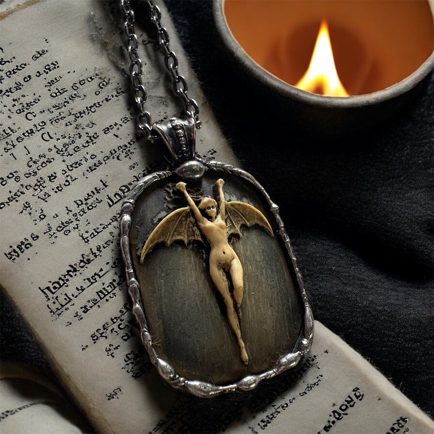 La Femme Chauve-Souris ~resin bat woman black & blue antiqued patina hand crafted Tiffany technique necklace~