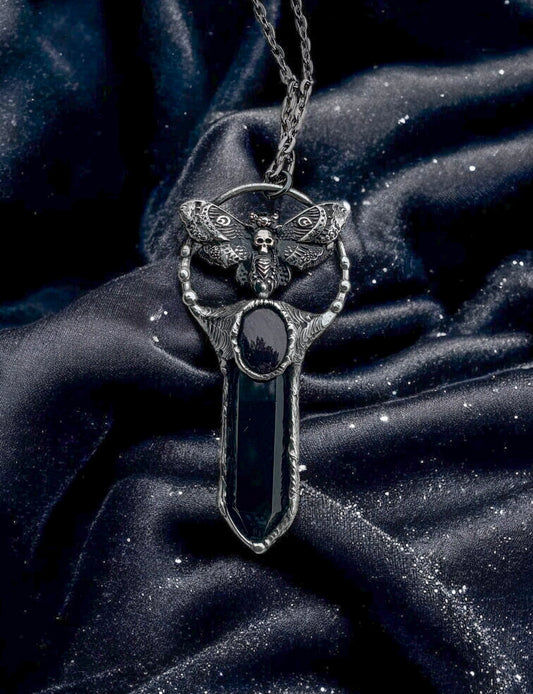 Acherontia~Obsidian & Garnet death moth crystal necklace~