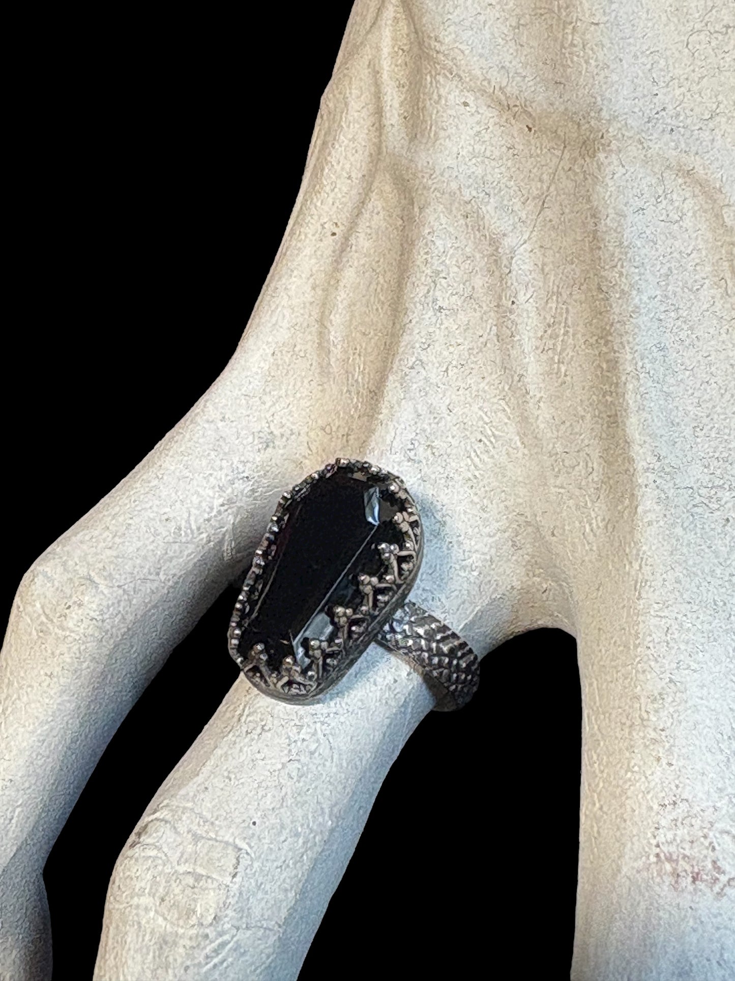 Haunted~Sterling and fine Silver coffin cut Obsidian ring size 9~
