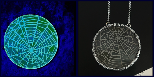 Handcrafted, Tiffany technique, uranium glass, spiderweb, etched statement necklace~