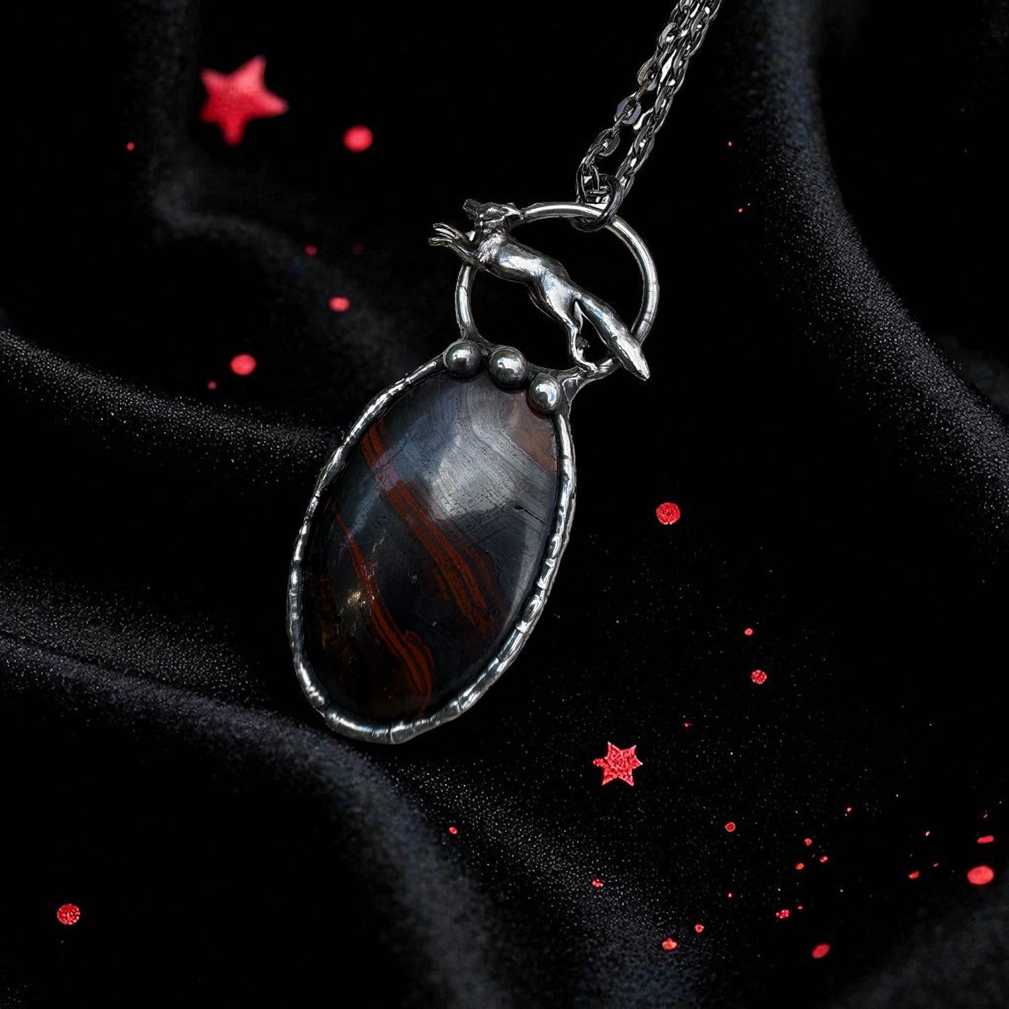 Foxfire– red tiger’s eye Necklace with Leaping Fox | Tiffany Technique