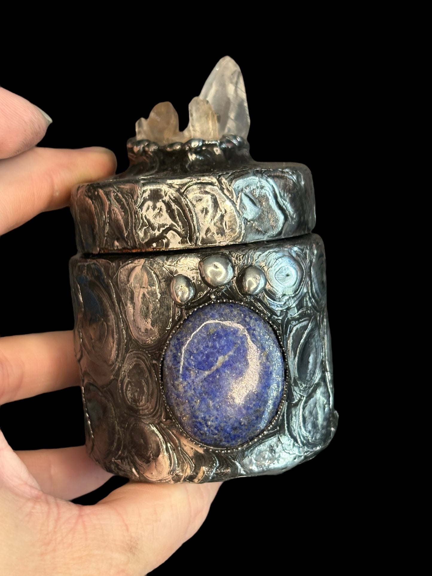 Stoned Alchemy High Priestess herbal jar(large)- clear quartz & blue kyanite