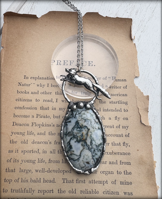 Kintsune~Moss agate fox Amulet statement necklace~