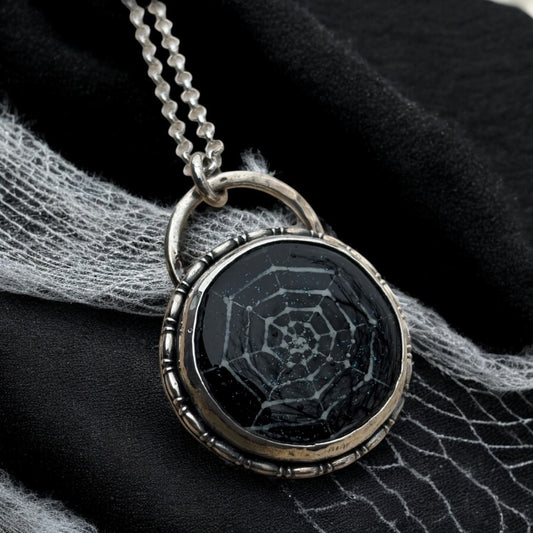Handcrafted sterling and fine silver Dichroic glass fused spiderweb necklace~