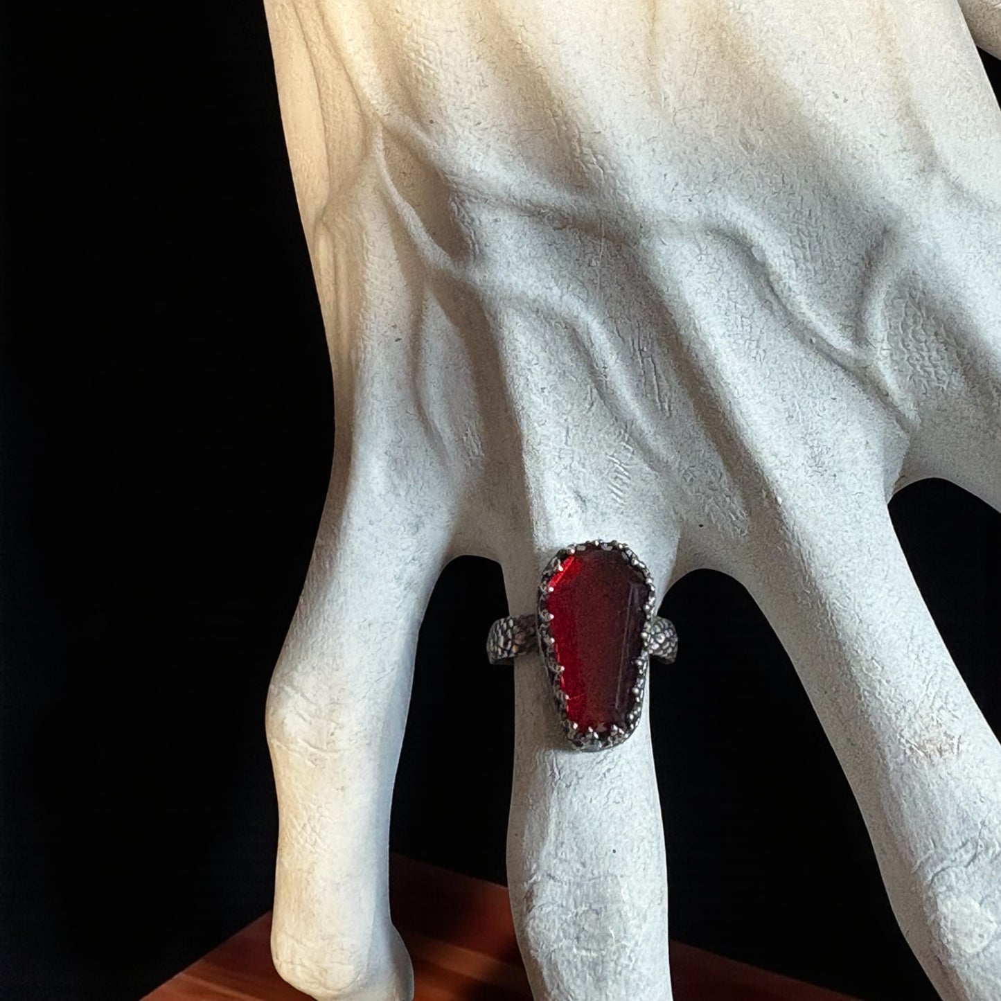 Haunted~Sterling and fine Silver coffin cut garnet ring size 6.5