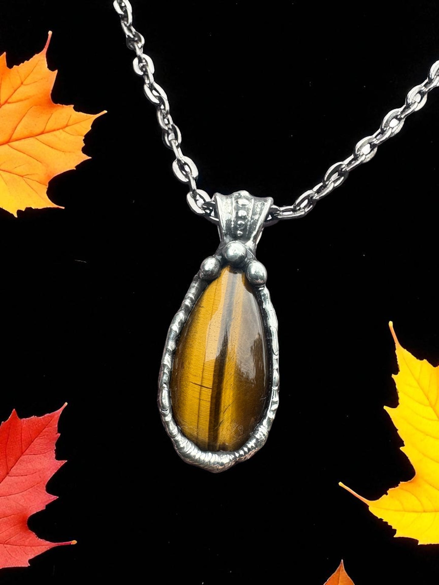 Hand crafted Tiffany technique, tiger eye amulet necklace~