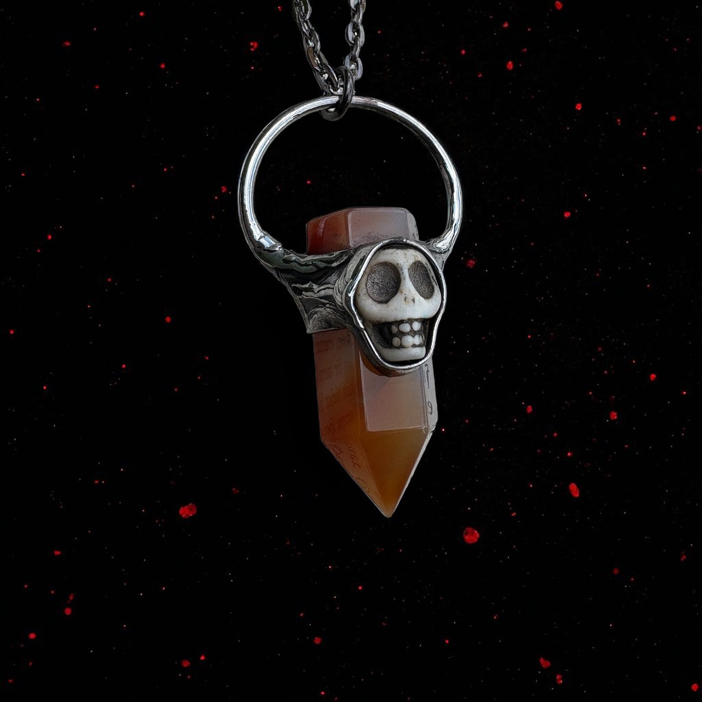 Handcrafted red carnelian and howlight carved skull crystal talisman necklace~