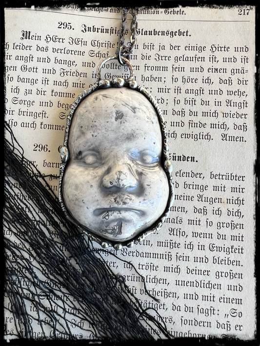 Baby creep~ {large}porcelain creepy baby doll face Tiffany technique necklace~