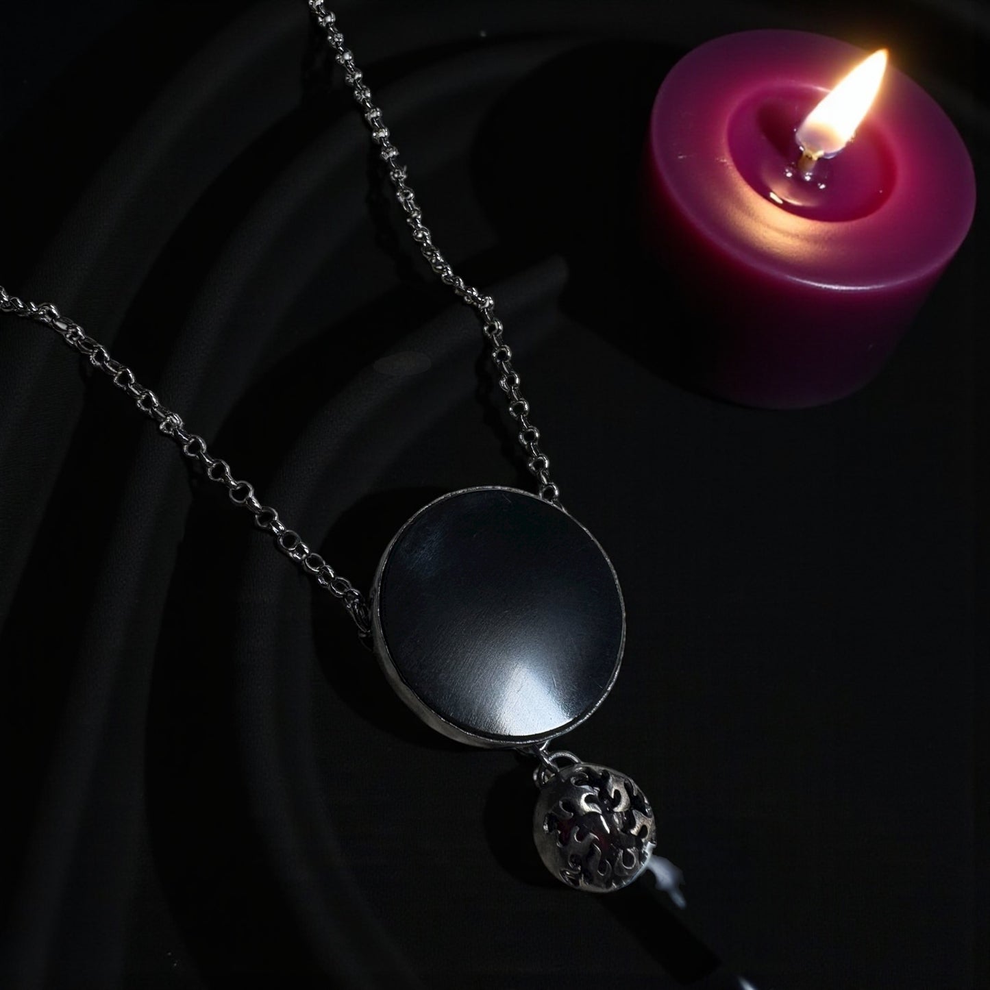 Midnight Flame Diviner -obsidian scrying mirror with garnet in flame bezel setting Sterling silver necklace-