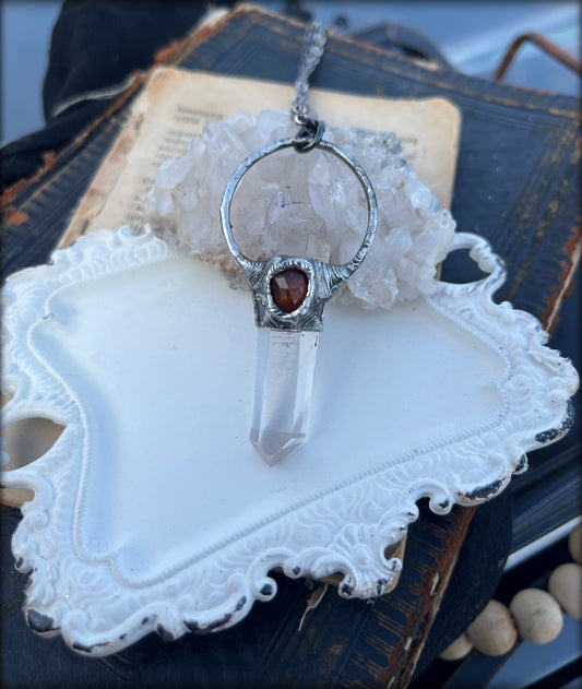 Thoth ~Hand crafted laser quartz  and rose cut orange kyanite crystal Talisman necklace ~