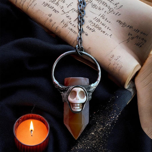 Bone Daddy~ handcrafted, Tiffany technique obsidian crystal and Howlite skull Talisman necklace ~