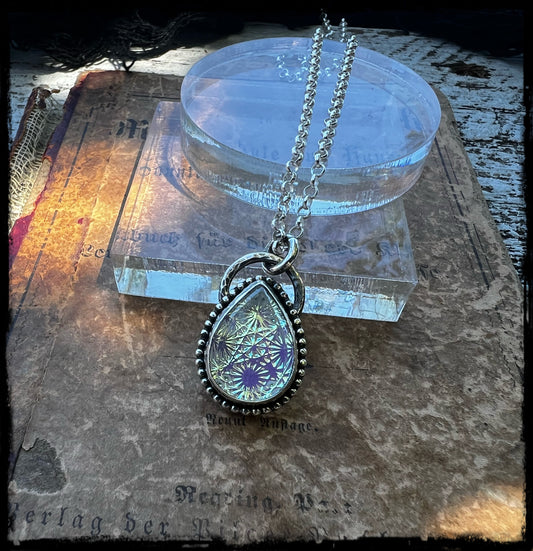 Hand crafted Sterling and fine silver vintage kaleidoscope glass cabochon necklace ~