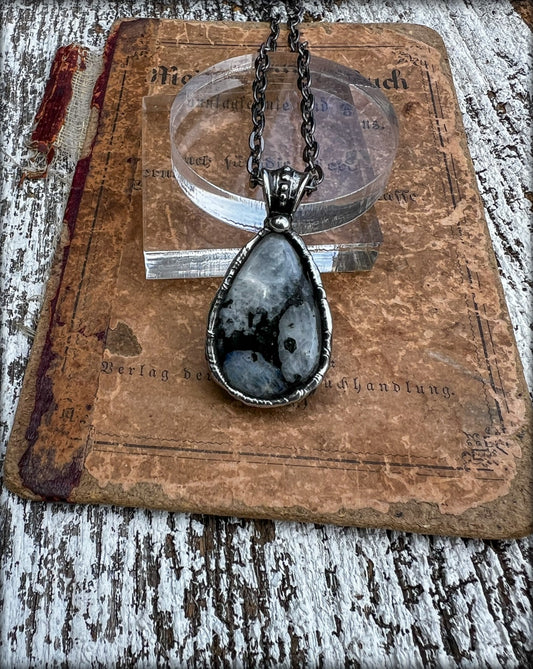 Hand crafted  black tourmaline included rainbow moonstone Tiffany technique pendant necklace~