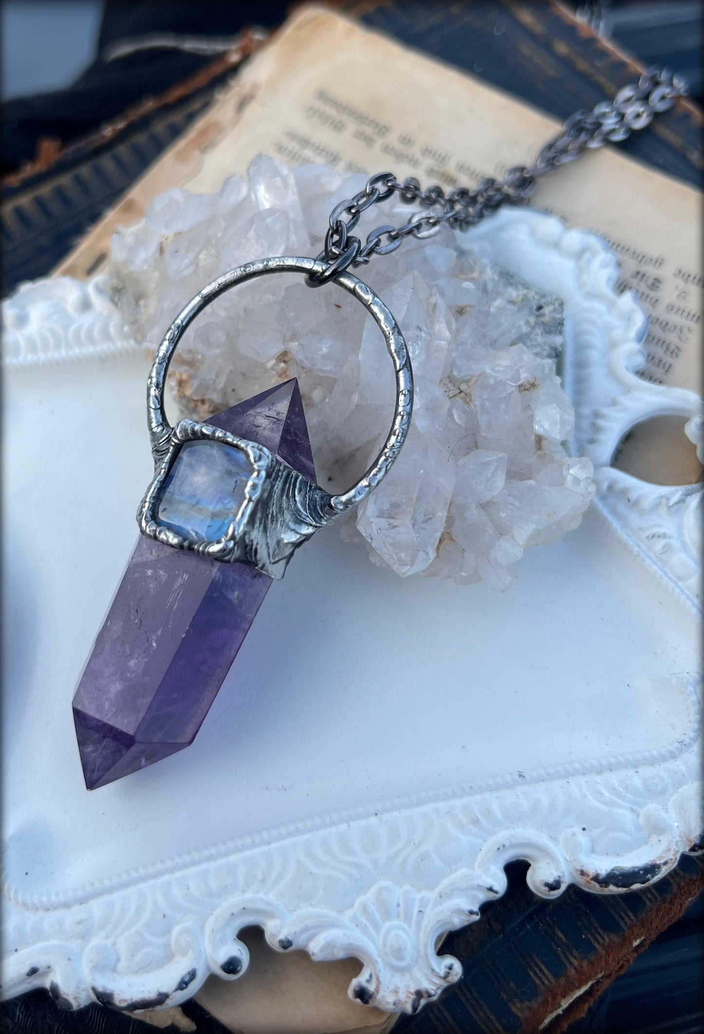 Plush~Hand crafted amethyst and rainbow moonstone Tiffany technique crystal Talisman ~