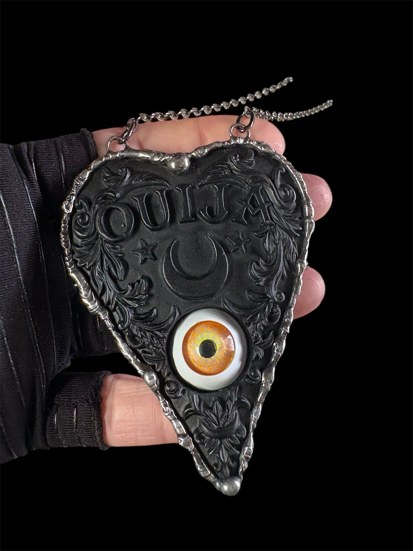 Oracle of the open eye ~Handcrafted resin Ouija board plancette with doll eye Tiffany technique necklace~