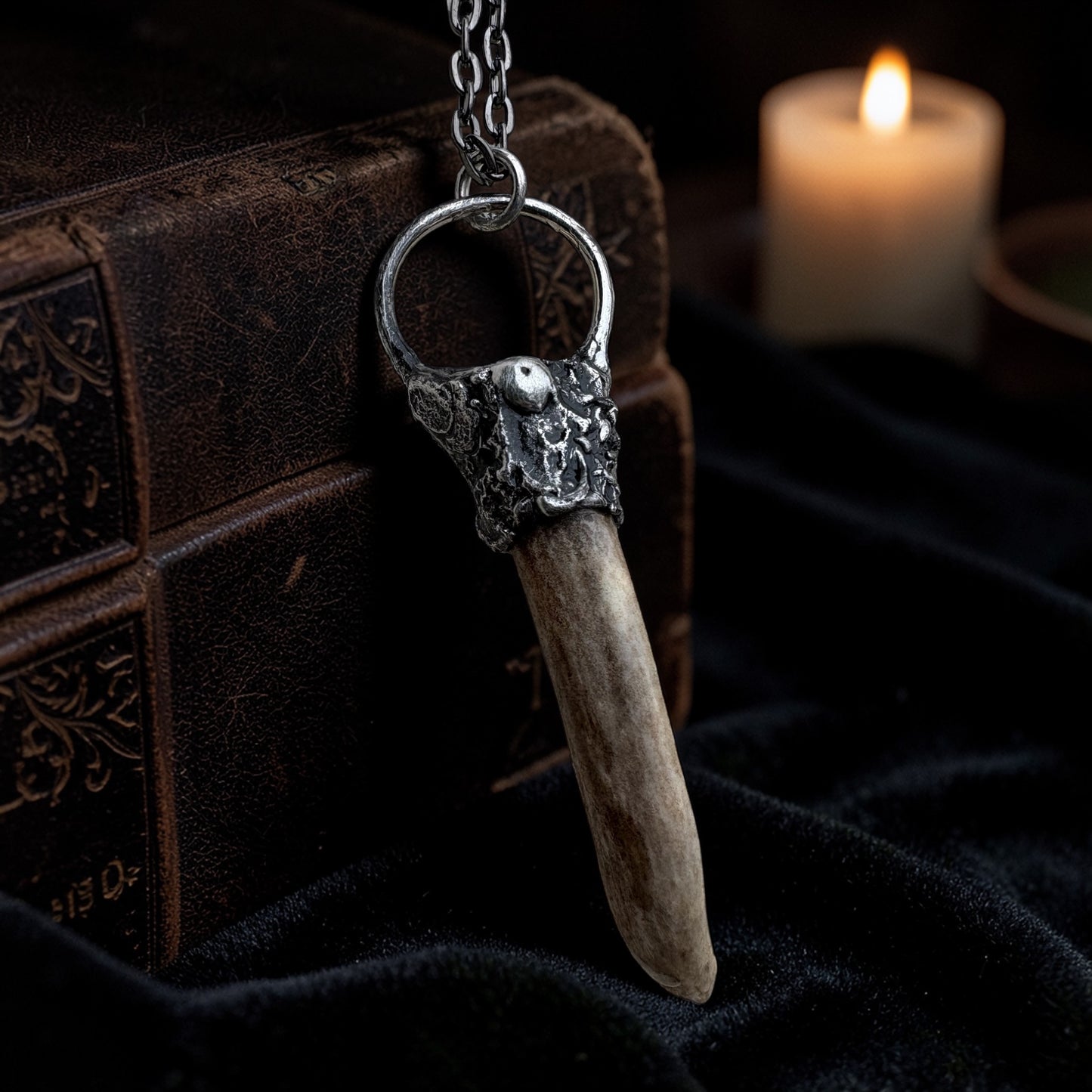 Brutalist style ~Hand crafted Tiffany technique naturally shed deer antler Talisman necklace~