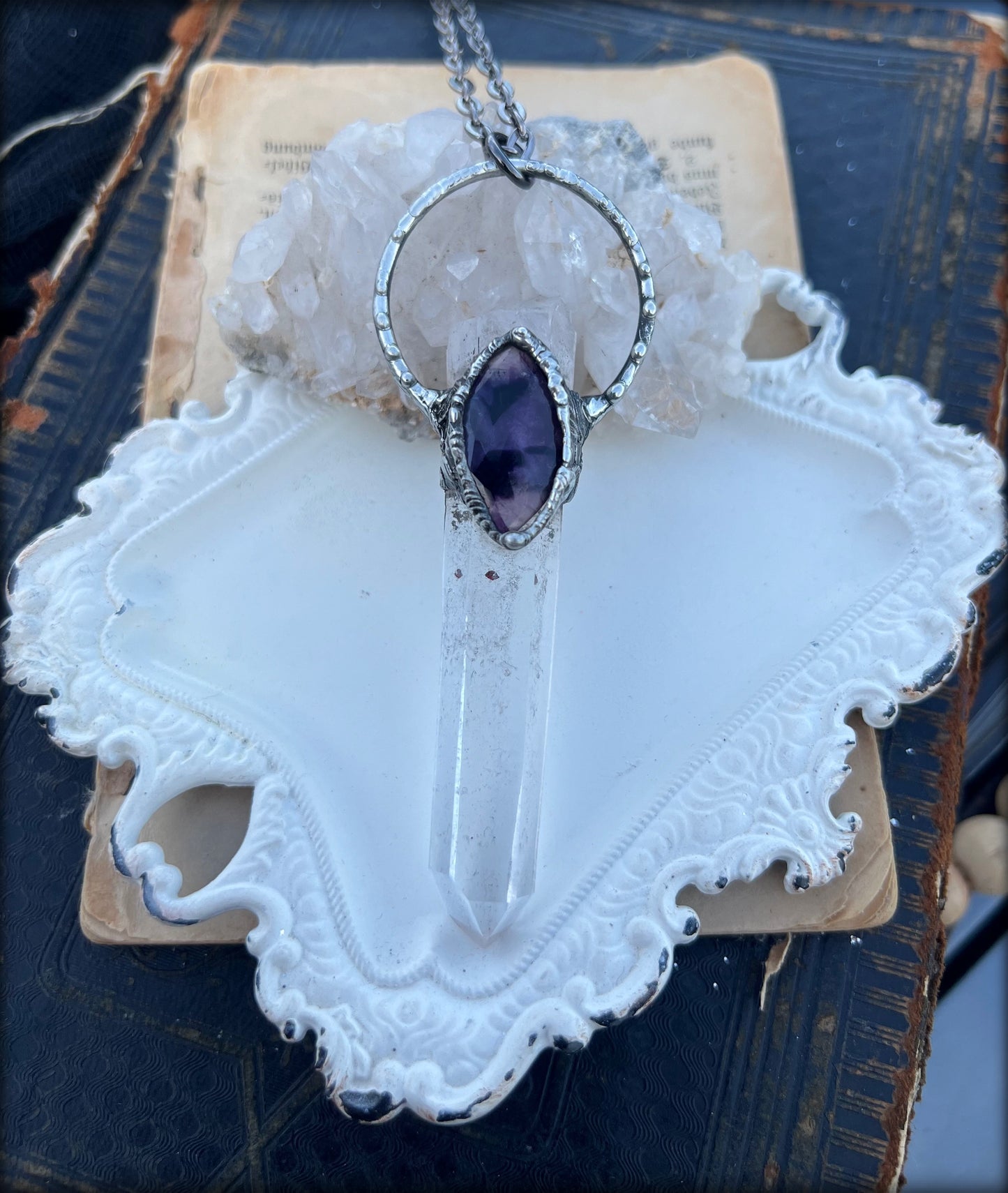 Inanna~Hand crafted clear laser quartz with Trapiche Amethyst Tiffany technique crystal Talisman necklace~