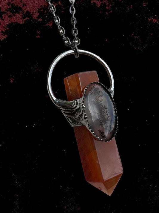 Handcrafted, red carnelian and dendritic agate Tiffany technique Crystal Tasman necklace-