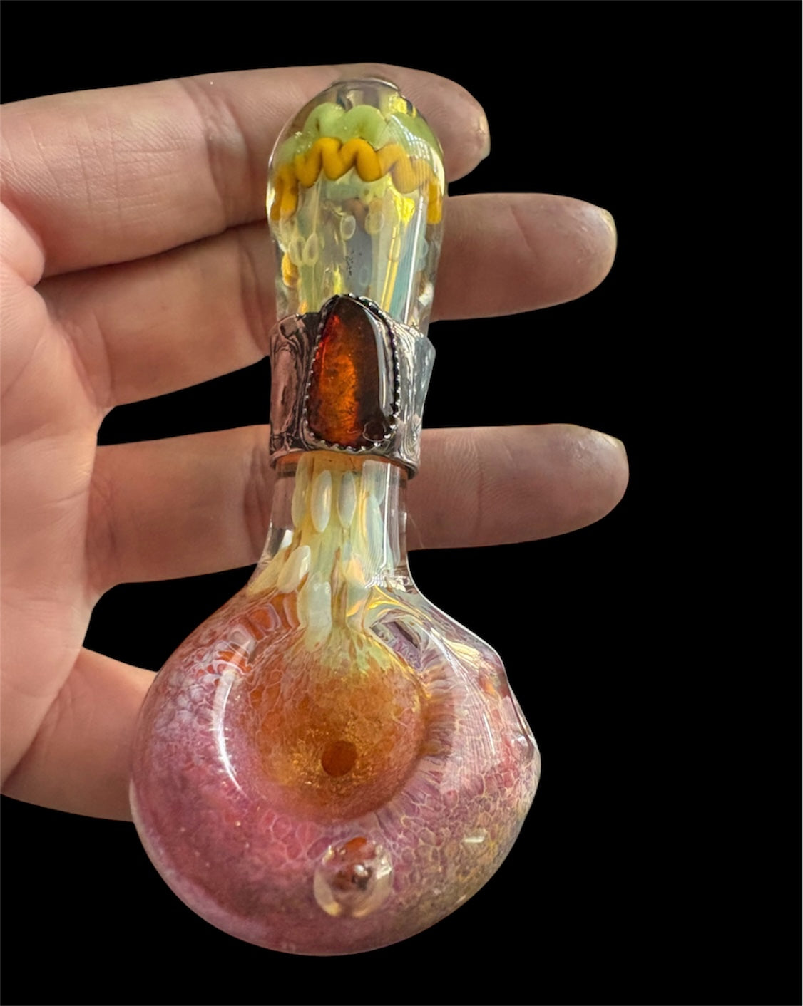 Stoned Alchemy -Ceremonial herb vessel(pipe)molten metal & baltic Amber