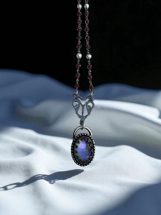 Mourning Chaplet – Sterling Silver Necklace with Mystic Quartz, Garnet & Pearl