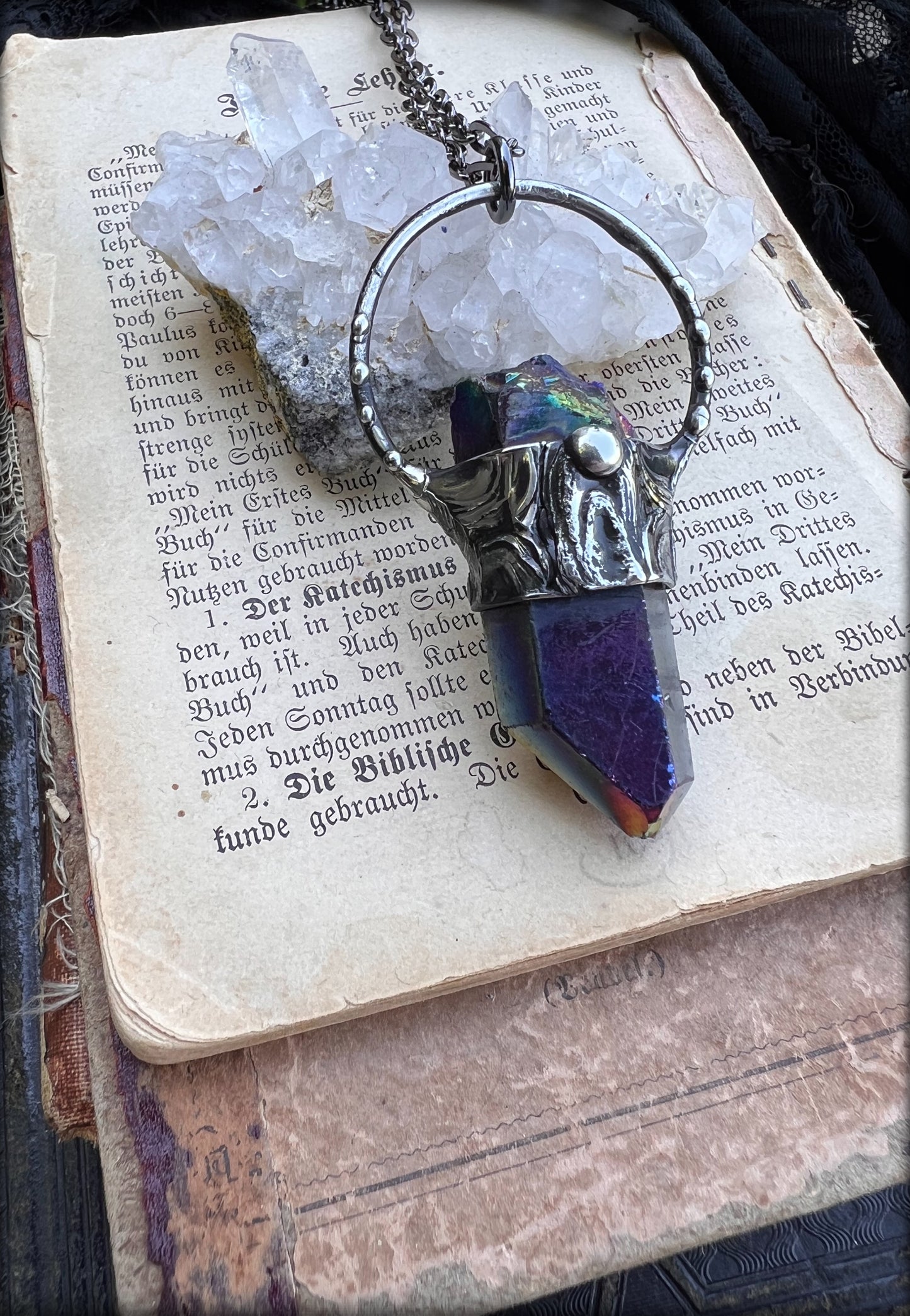 Bismuth fused crystal Tiffany Technique Talisman necklace~