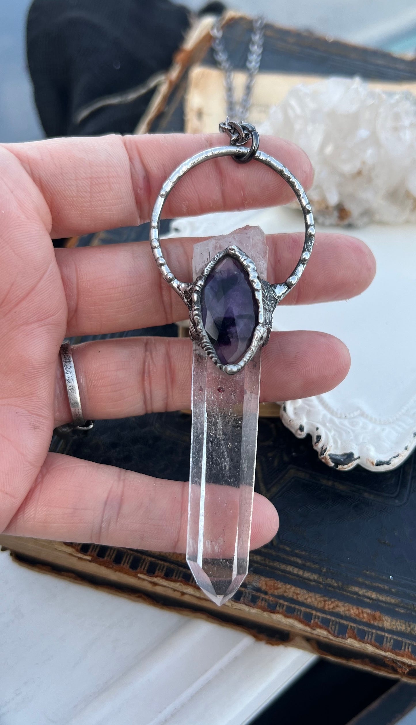 Inanna~Hand crafted clear laser quartz with Trapiche Amethyst Tiffany technique crystal Talisman necklace~