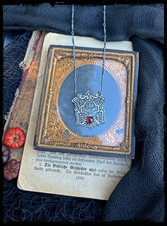 Victorian our darling coffin escutcheon~sterling silver & garnet layering necklace~